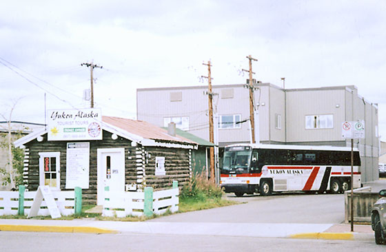 A Yukon Alaska Tourist Tours motorcoach en route from Whitehorse, Yukon to Skagway, Alaska.